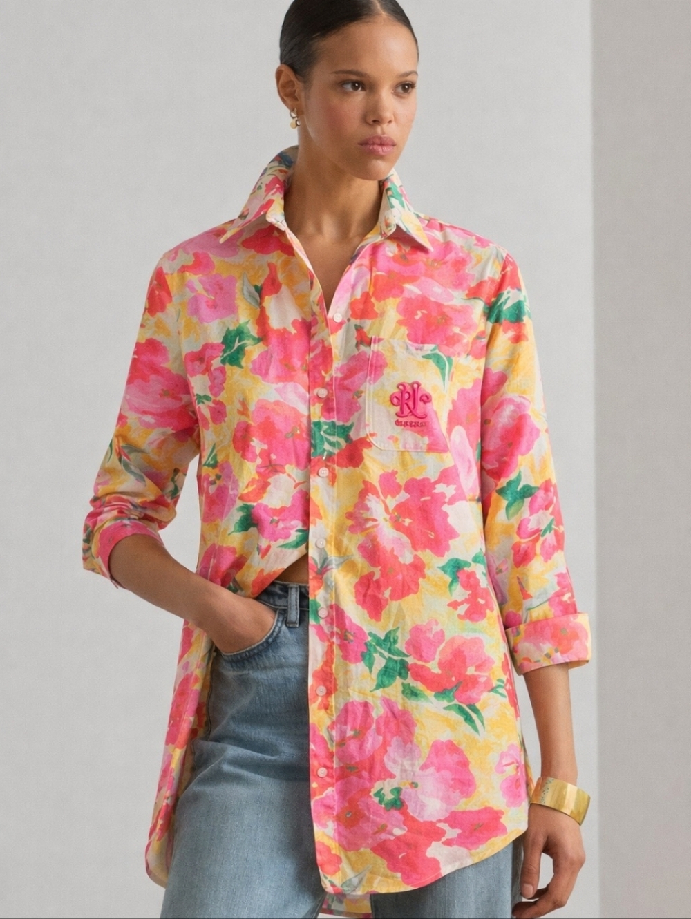 Lauren Ralph Lauren Pink Floral Cotton Button Down Blouse Tunic Sz Med